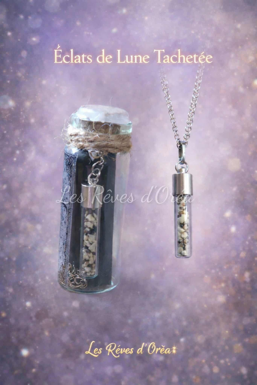 🌙 Éclats de Lune Tachetée 🌙
Collier talisman en Jaspe Dalmatien scellé en fiole magique