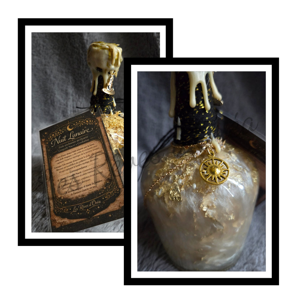 🌙 Nuit Lunaire 🌙
Fiole décorative enchantée – Quartz craquelé nacré & Calcite