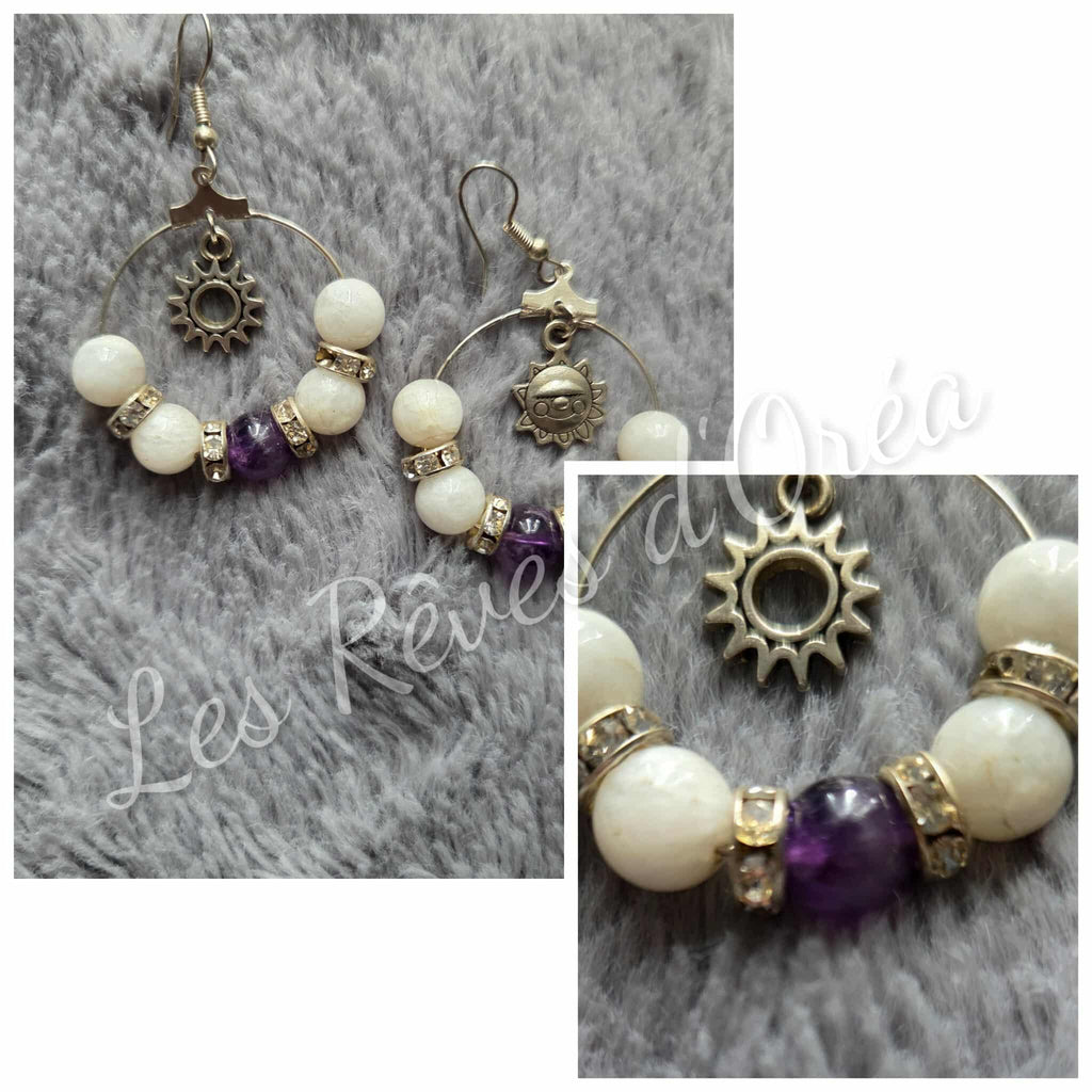 🌞Danse Solaire & Lunaire ✨
Boucles d’oreilles Pierre de Lune & Améthyste – Équilibre céleste