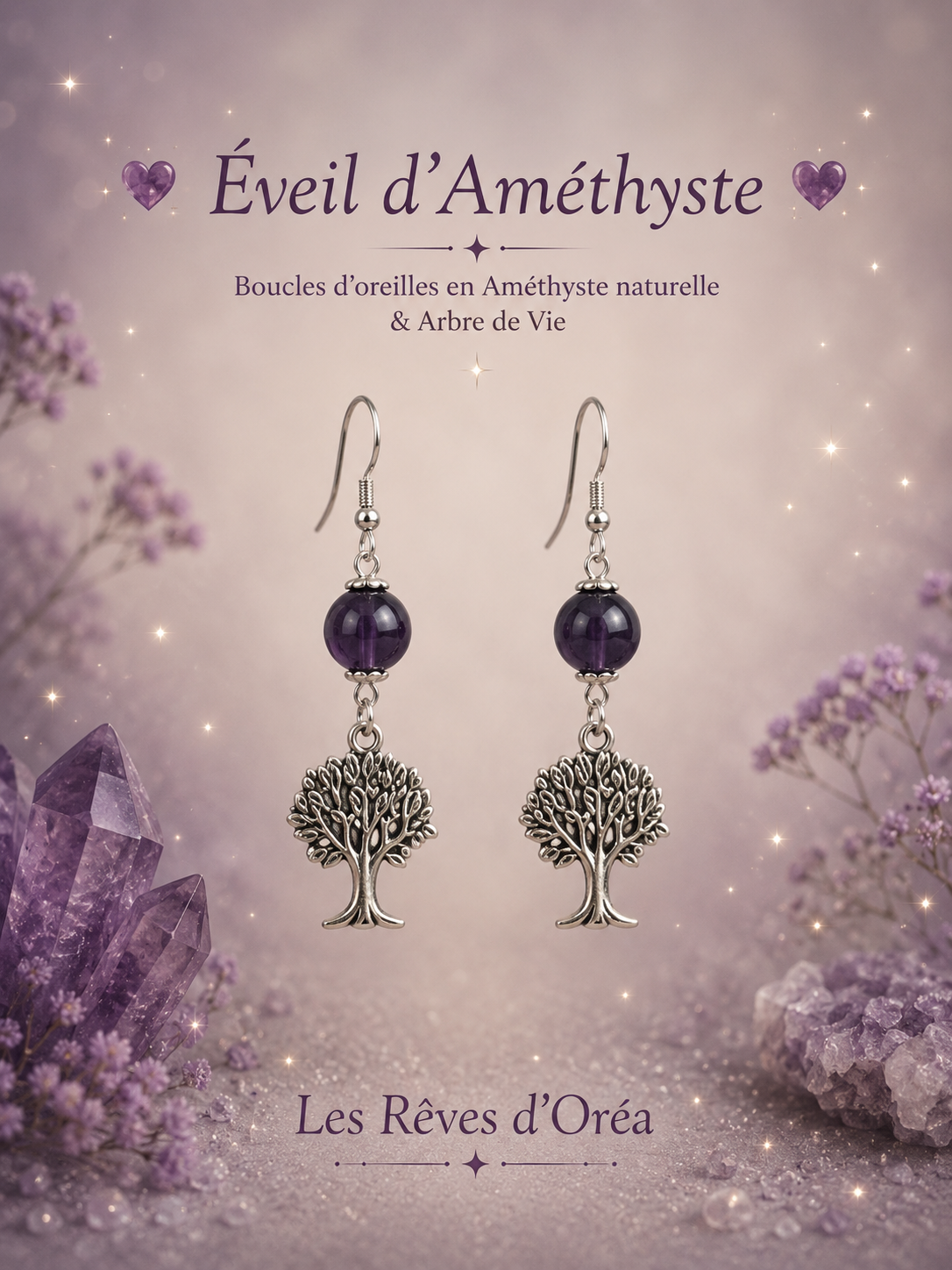 💜 Éveil d’Améthyste 💜
Boucles d’oreilles en Améthyste naturelle & Arbre de vie
