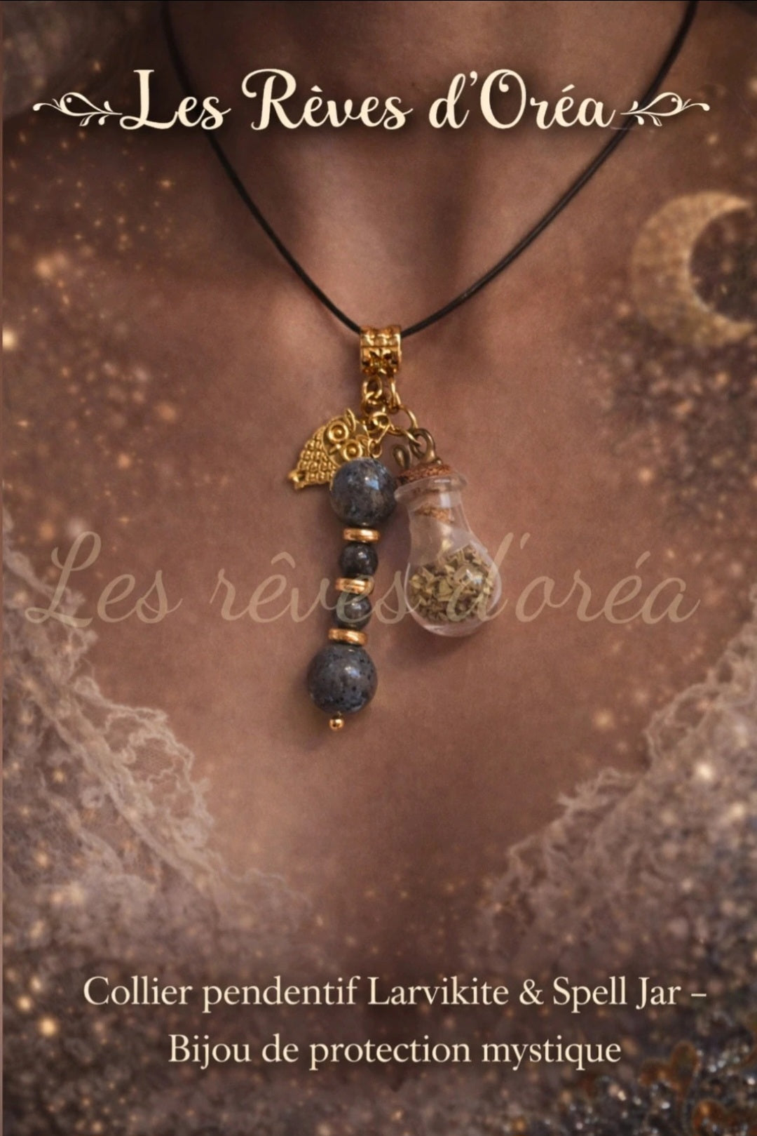 ✨ Gardien des Ombres Calmes ✨
Collier pendentif Larvikite & Spell Jar