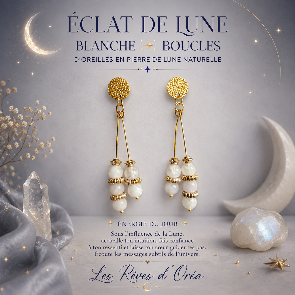 ✨ Éclat de Lune Blanche  ✨
Boucles d’oreilles en Pierre de Lune naturelle