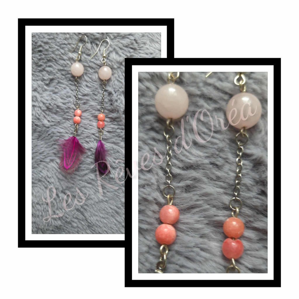 🩷 Plume de Rose 🩷
Boucles d’oreilles artisanales en Quartz rose & Jaspe rose