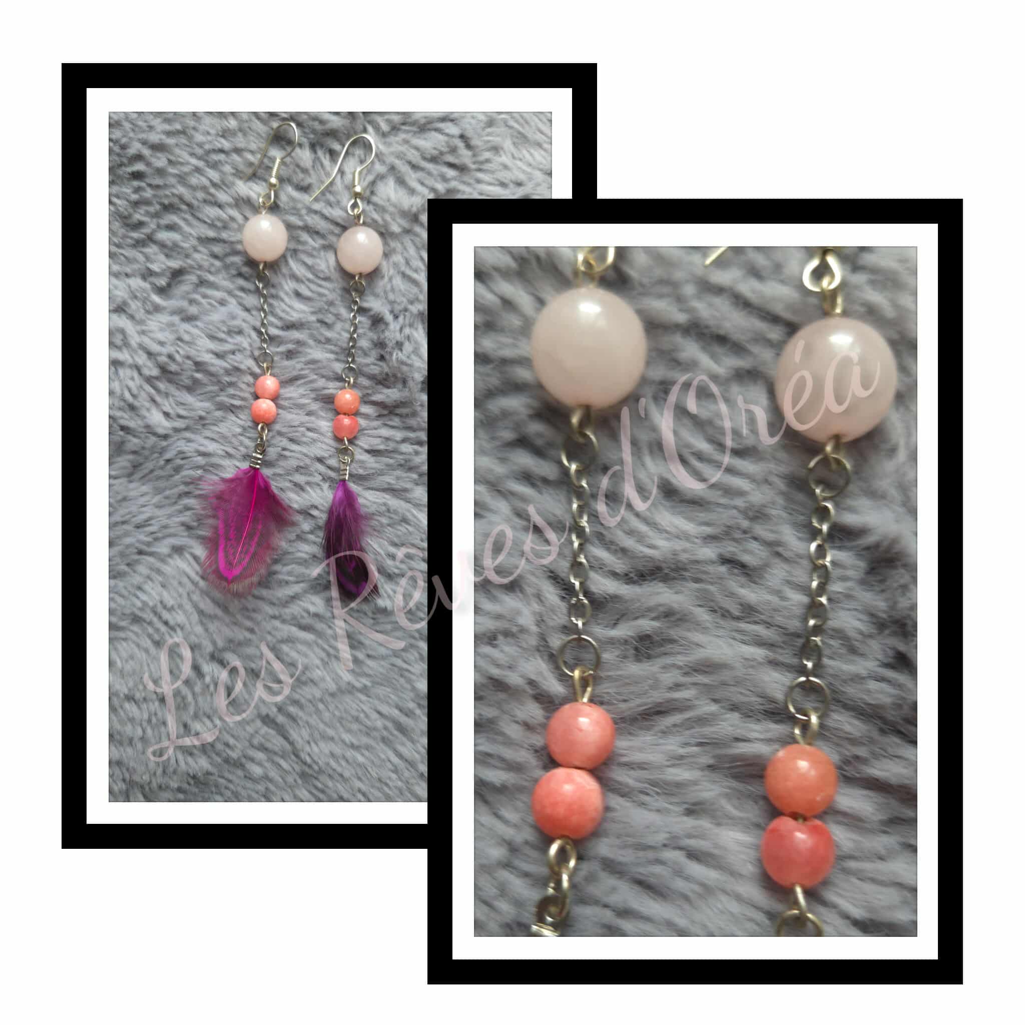 🩷 Plume de Rose 🩷
Boucles d’oreilles artisanales en Quartz rose & Jaspe rose
