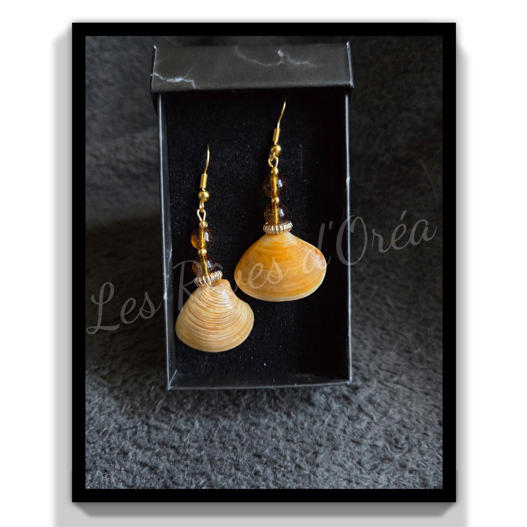 🐚 Flamme des Marées 🐚
Boucles d’oreilles coquillage & ambre
