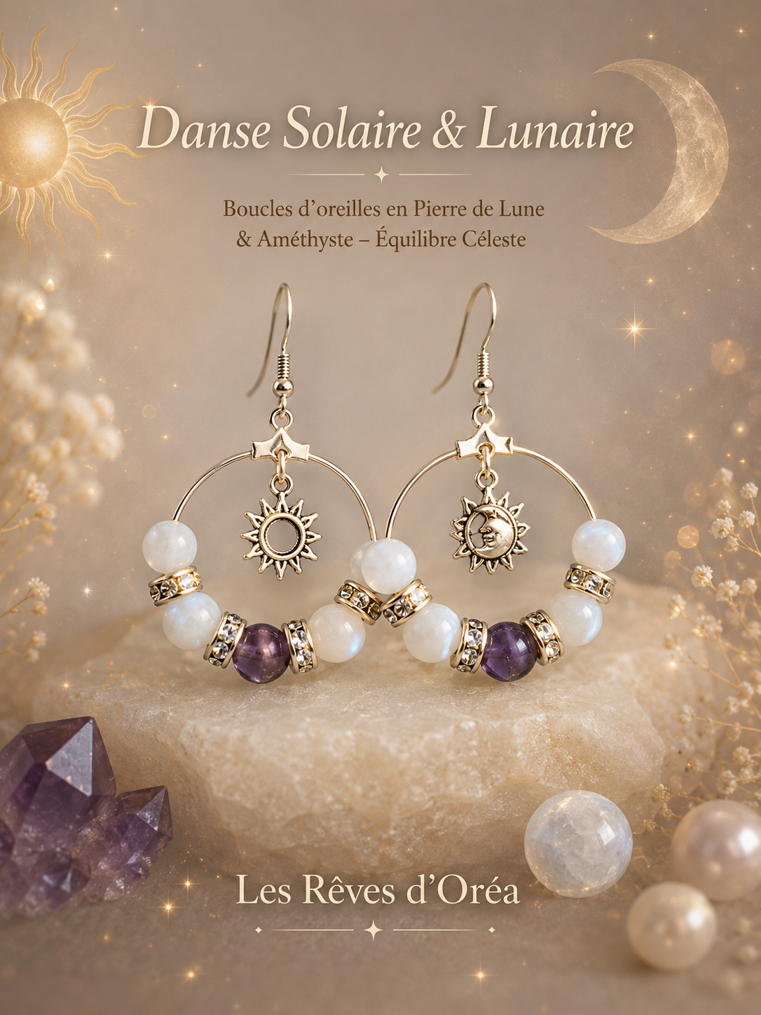 🌞Danse Solaire & Lunaire ✨
Boucles d’oreilles Pierre de Lune & Améthyste – Équilibre céleste