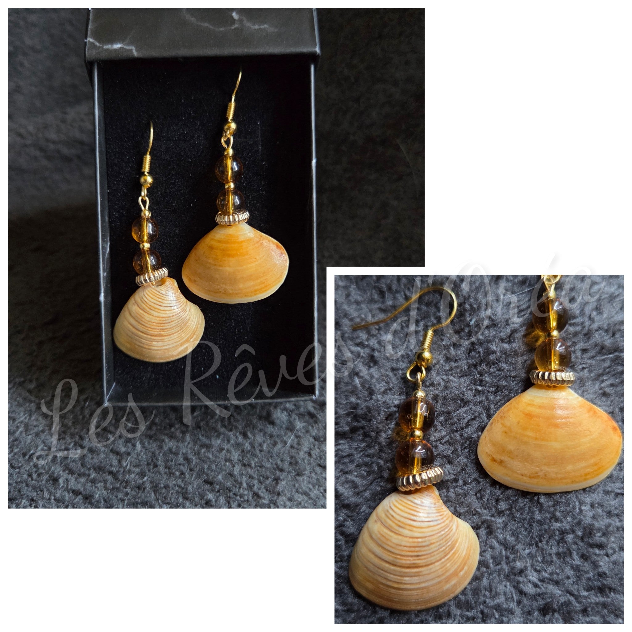 🐚 Flamme des Marées 🐚
Boucles d’oreilles coquillage & ambre
