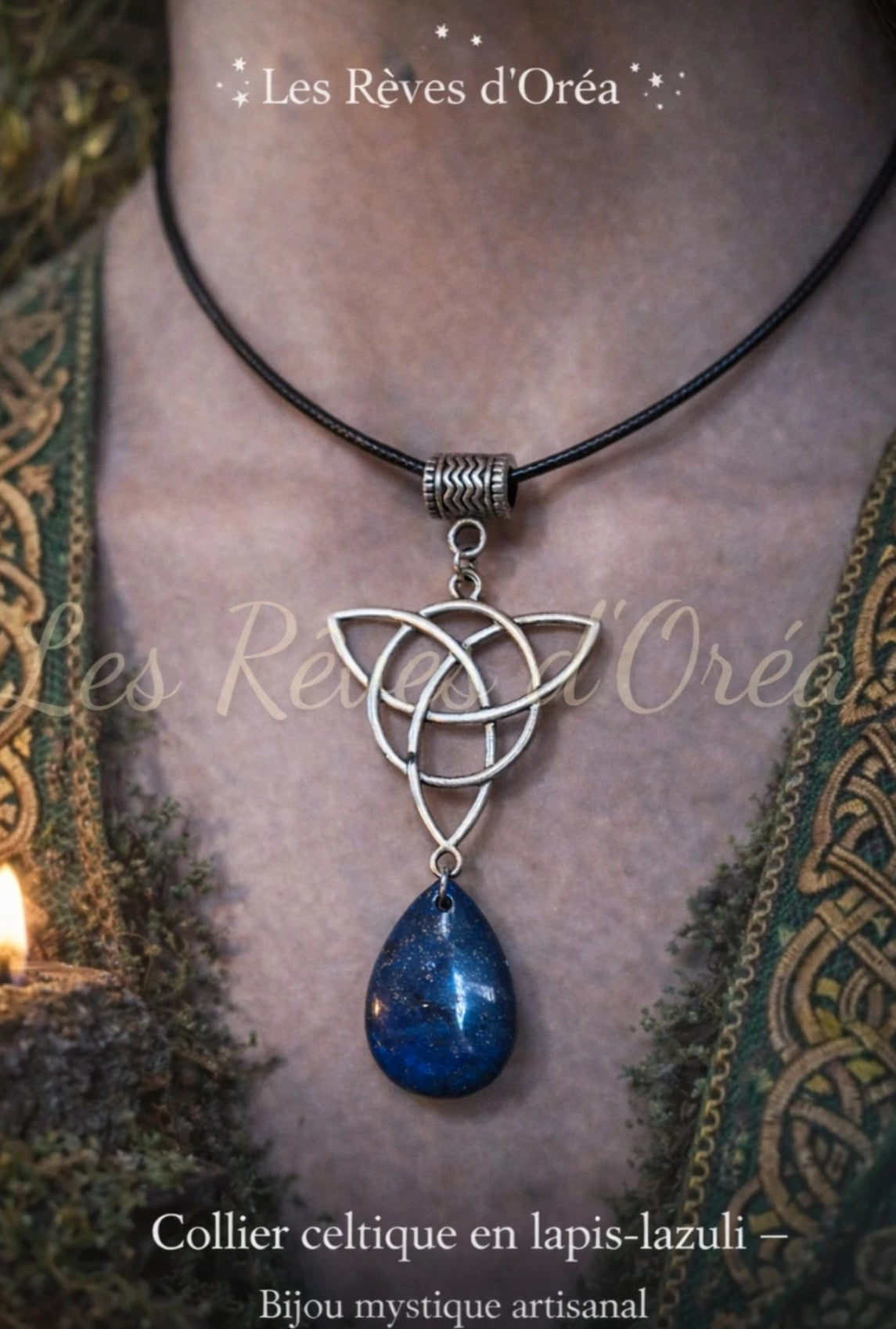 🌙 Collier du Savoir Voilé 🌙
Triskèle ancien & Lapis-Lazuli des Veilleuses