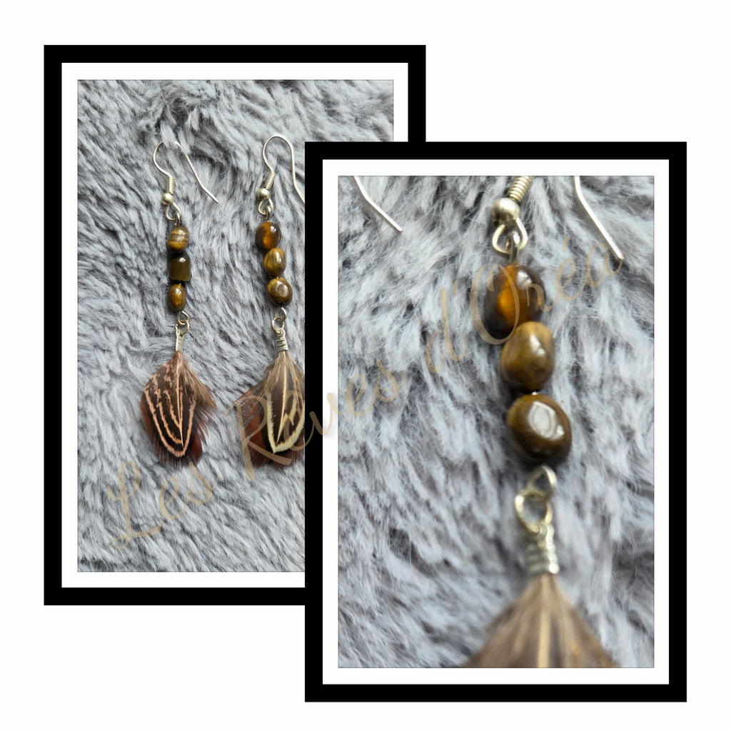 ✨ Ailes de Tigre ✨
Boucles d’oreilles en œil de tigre & plumes naturelles