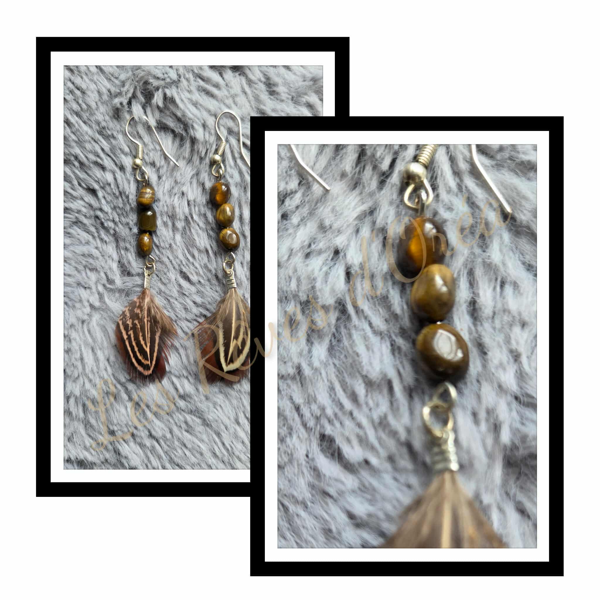 ✨ Ailes de Tigre ✨
Boucles d’oreilles en œil de tigre & plumes naturelles