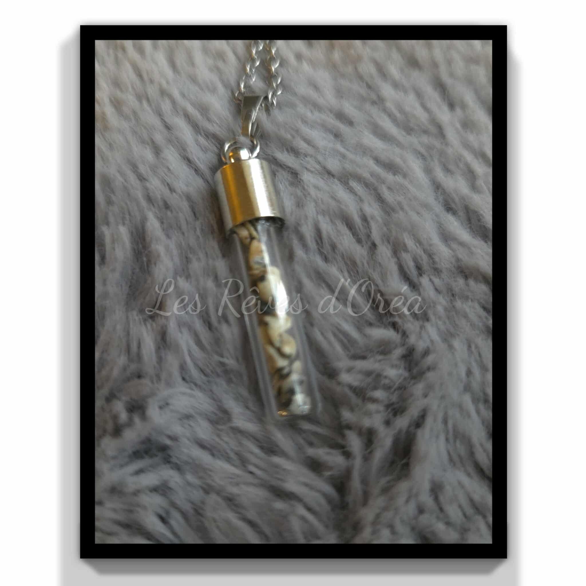 🌙 Éclats de Lune Tachetée 🌙
Collier talisman en Jaspe Dalmatien scellé en fiole magique
