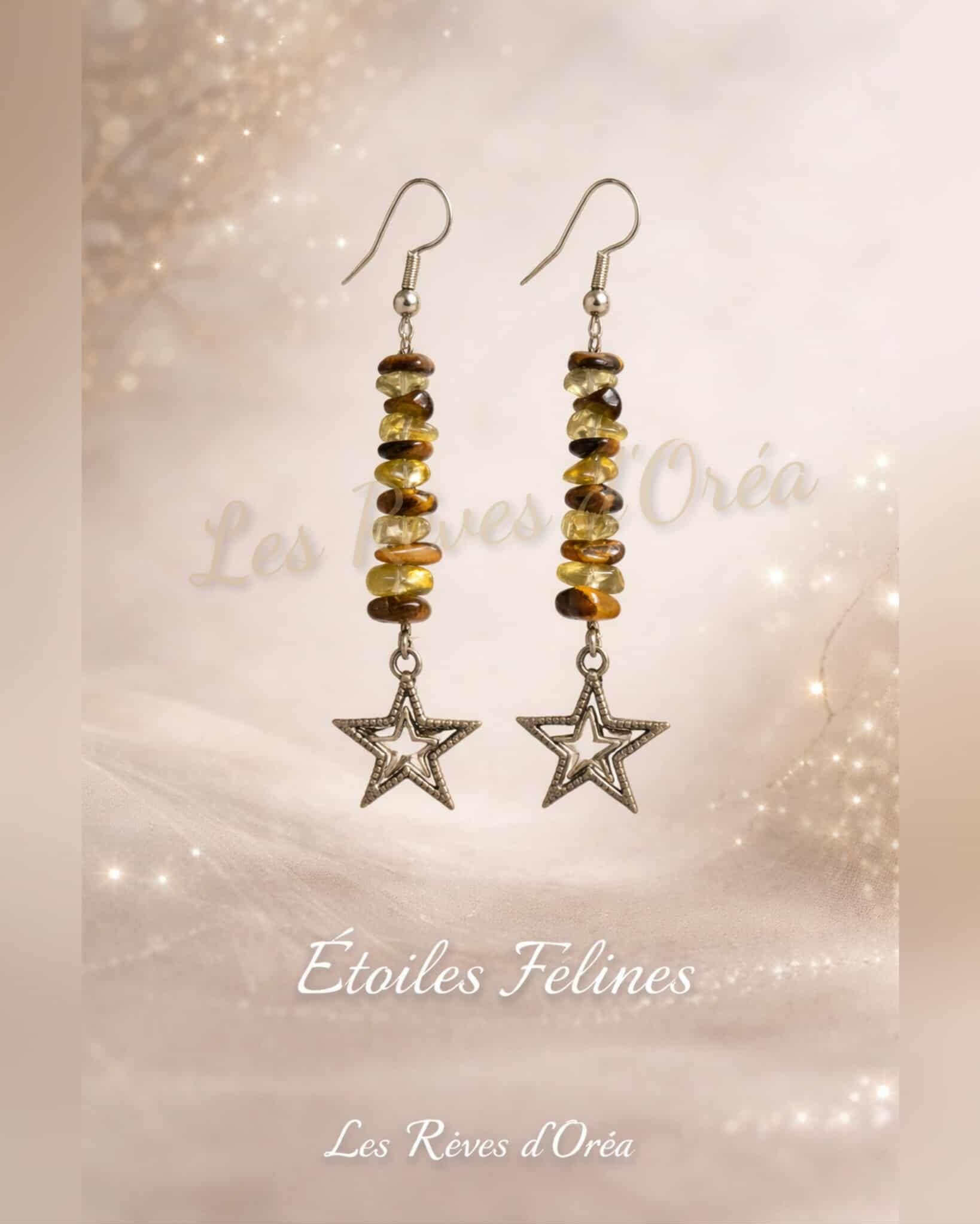 ✨ Étoiles Félines ✨
Boucles d’oreilles en Œil de Tigre & Citrine