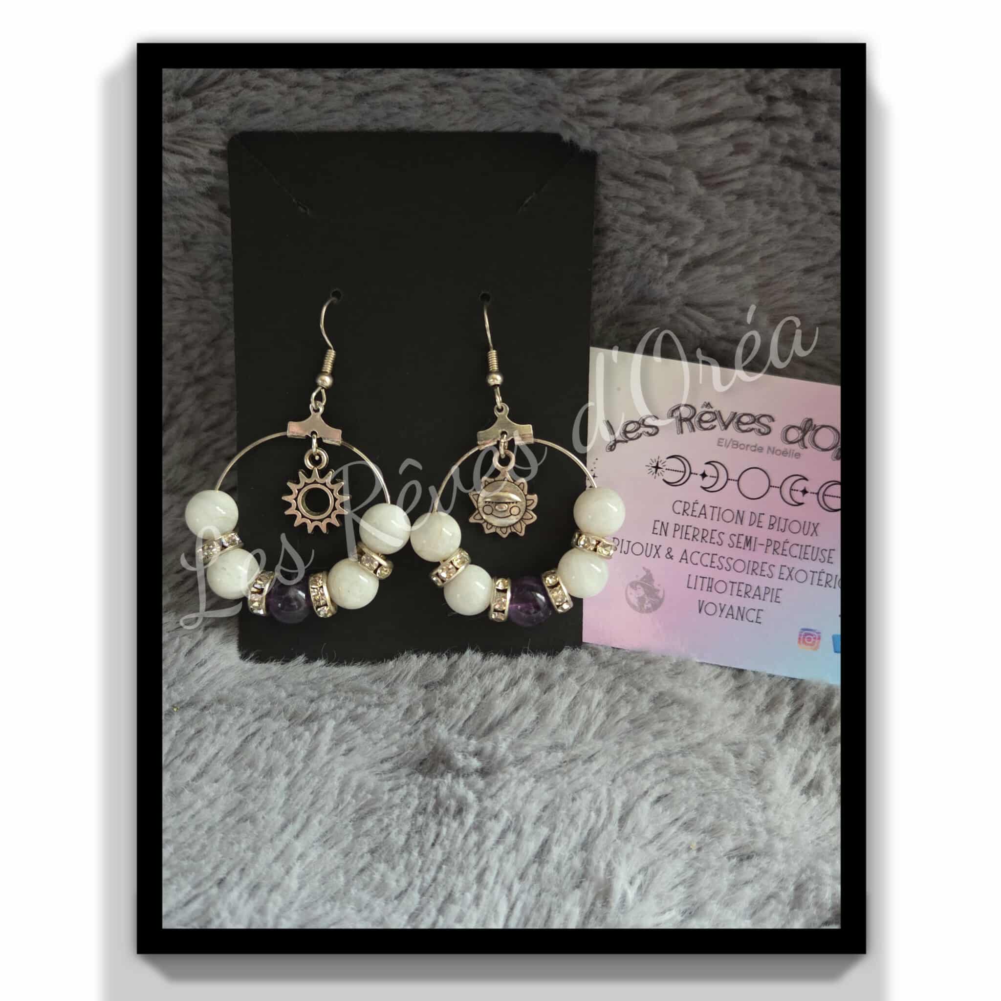 🌞Danse Solaire & Lunaire ✨
Boucles d’oreilles Pierre de Lune & Améthyste – Équilibre céleste