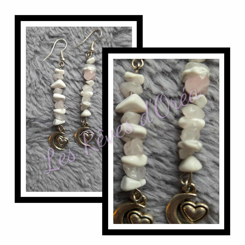 🌛 Larmes de Lune 🌜
Boucles d’oreilles en Quartz rose & Howlite
