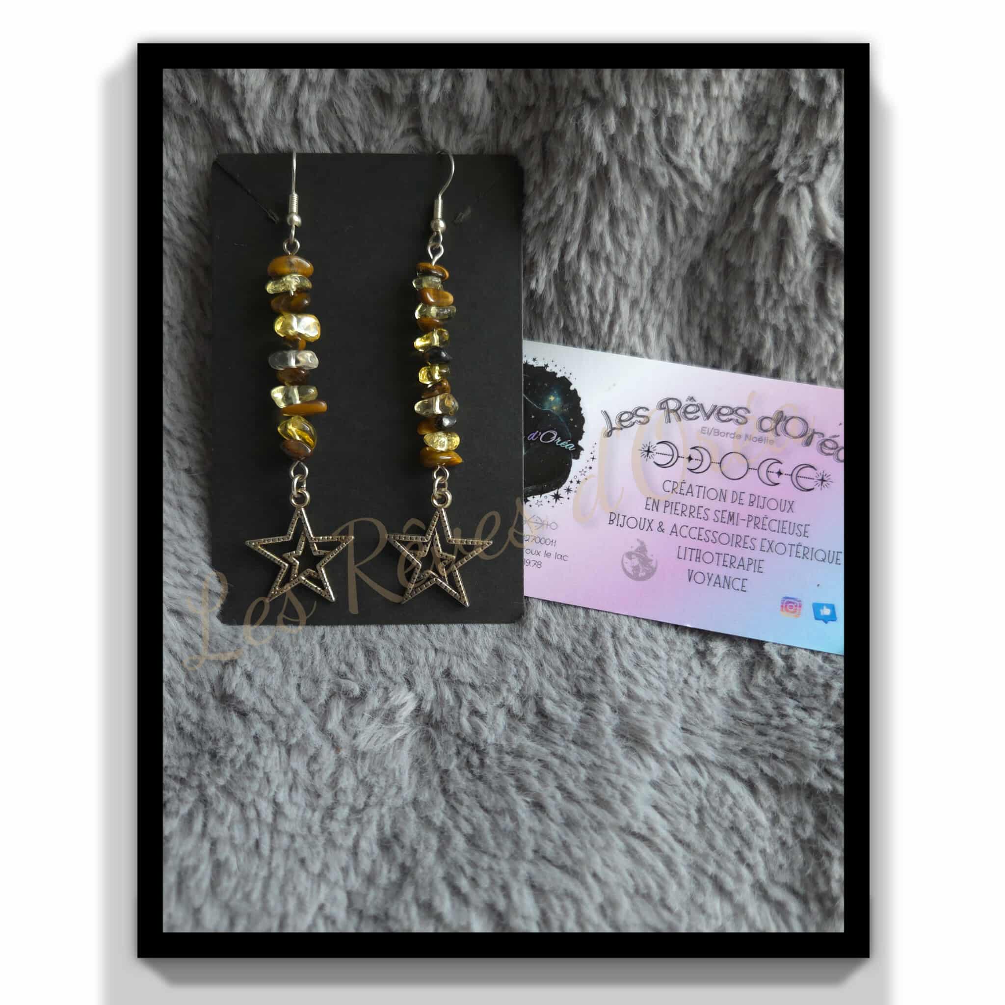 ✨ Étoiles Félines ✨
Boucles d’oreilles en Œil de Tigre & Citrine